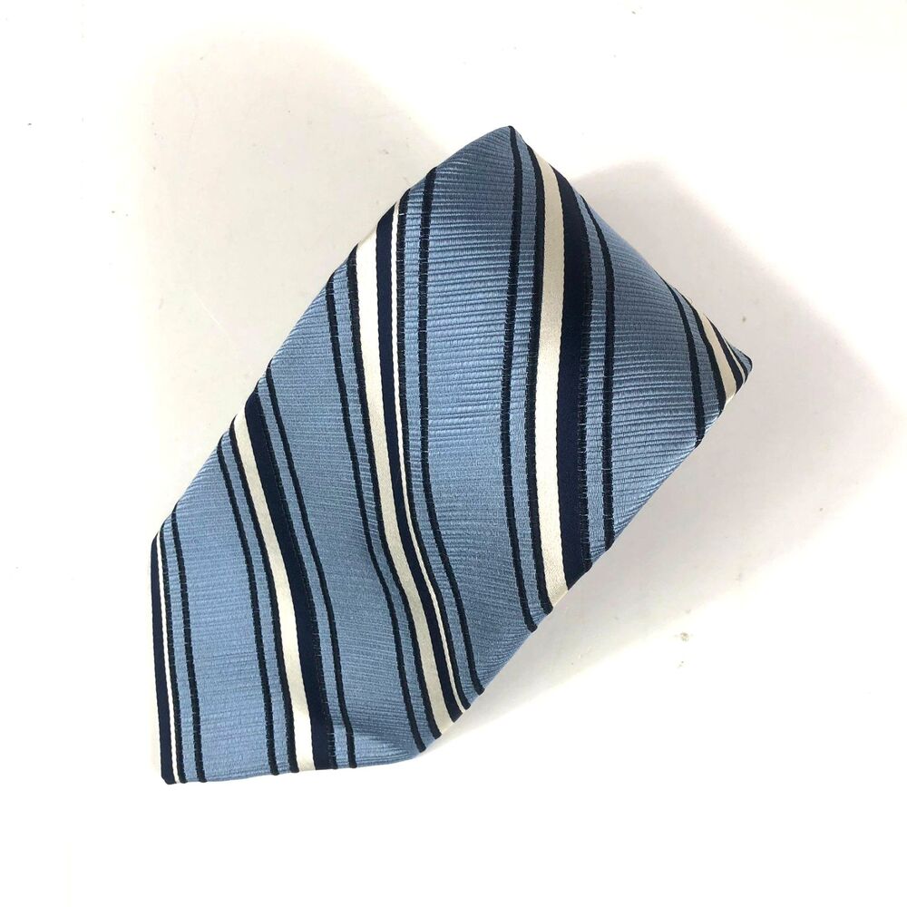 Roundtree & Yorke Striped Tie Blue Navy White All Silk Easy Care Handmade